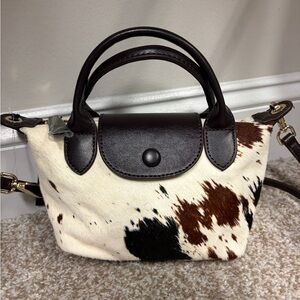 NWT House of Harlow Brown White Black Genuine Cow Hide Leather Le Pliage Bag